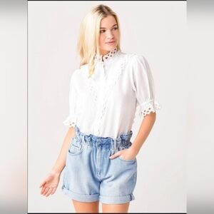 Frame Women's Embroidered High-Neck Short Sleeve Blouse Top Size S